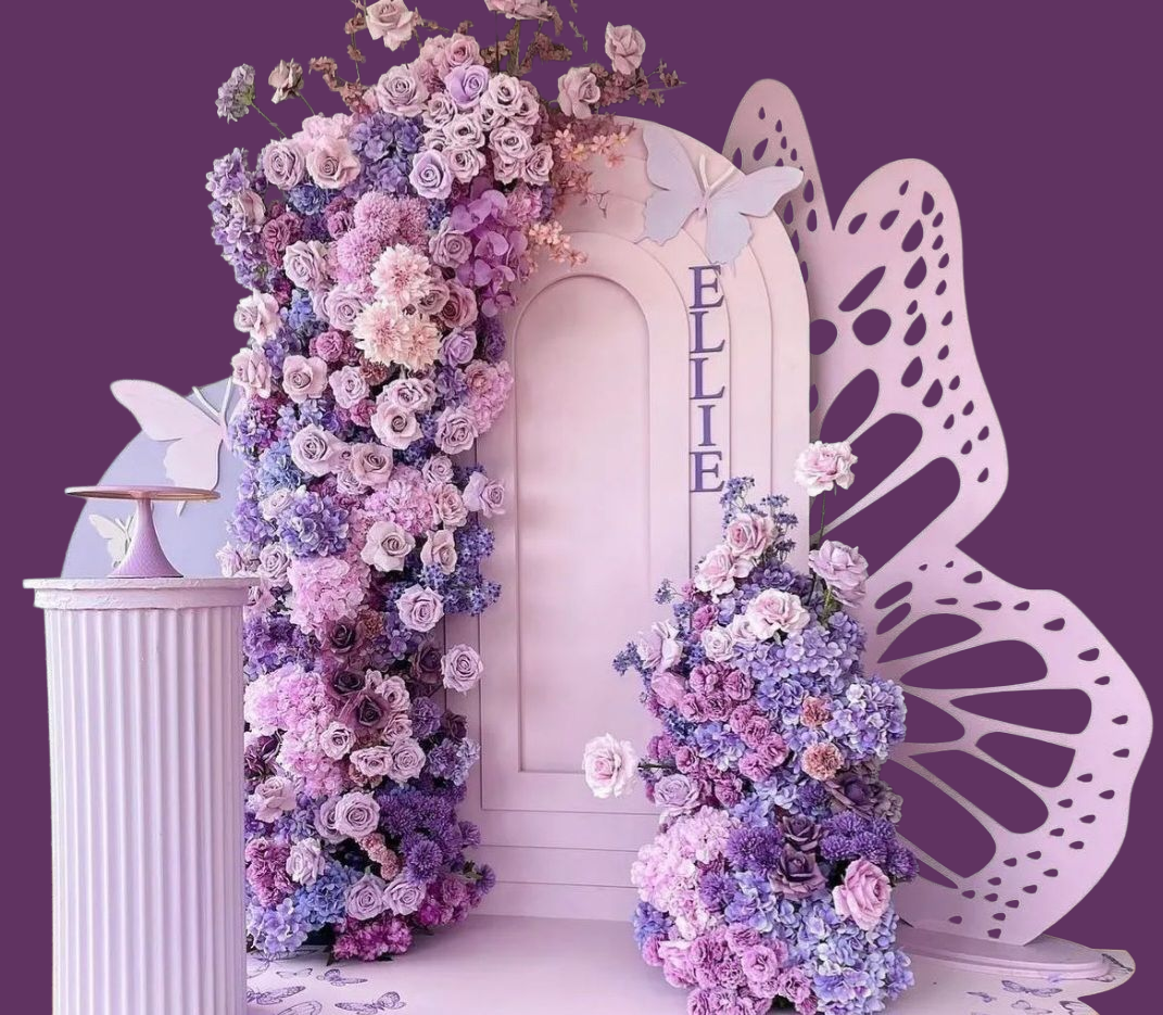 Elegant 4-Piece Prop Set – Butterfly, Custom Acrylic Name, Step Arch & Cake Plinth