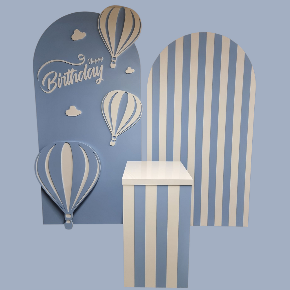 4-Piece Boys Birthday Prop Set – Hot Air Balloon, Striped Panel & Cake Stand