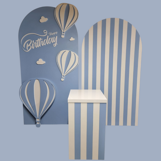 4-Piece Boys Birthday Prop Set – Hot Air Balloon, Striped Panel & Cake Stand